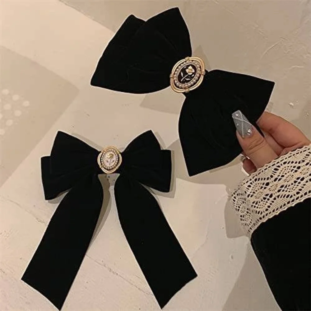 Black Velvet Hair Bow Clip Vintage Gold Cameo Coquette Hair Accessory‎